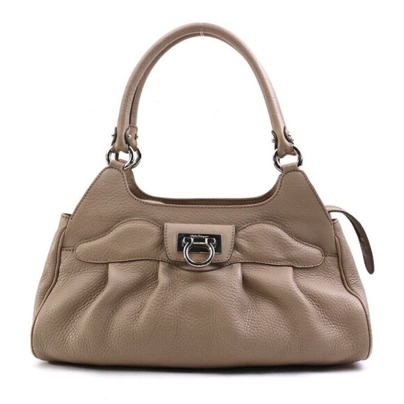 Authentic Salvatore Ferragamo Gancini Handbag Beige Leather/Silvertone